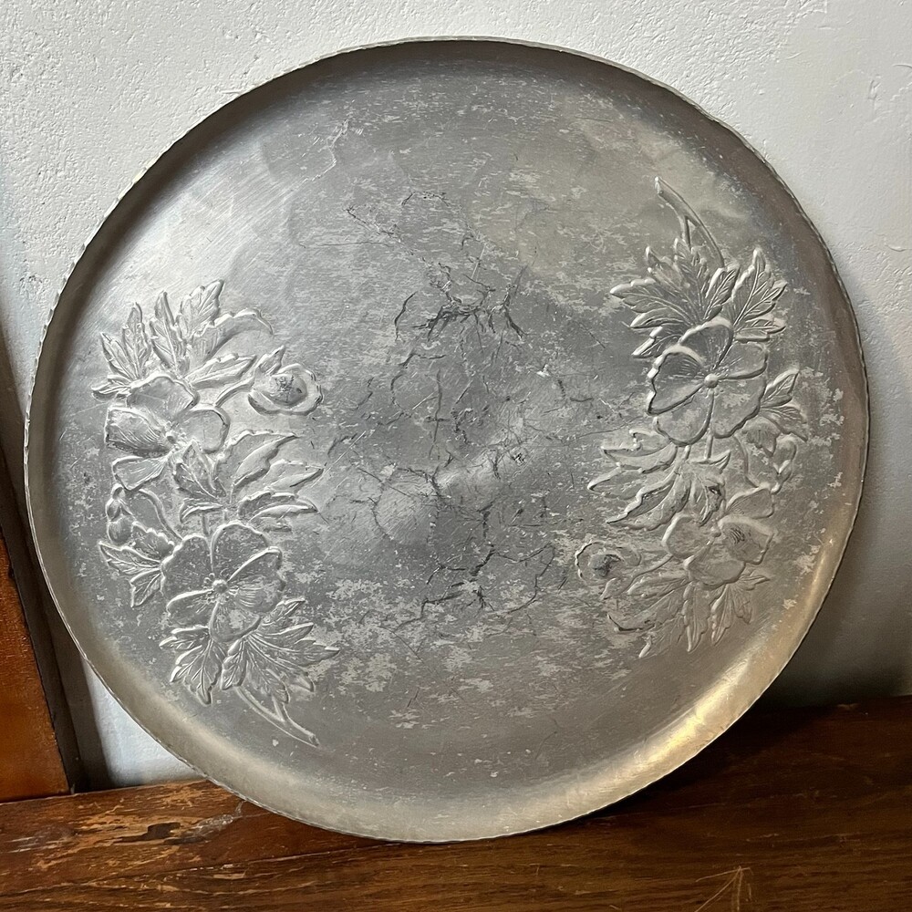 VTG Aluminum Floral Serving Tray Round 11.5" Embossed Mid Century Mums Barware